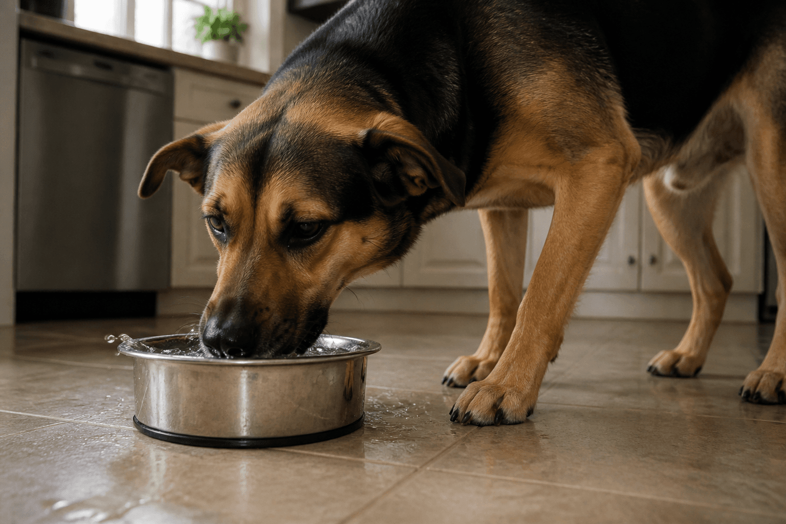 Cão bebendo água rapidamente de tigela de aço em cozinha
