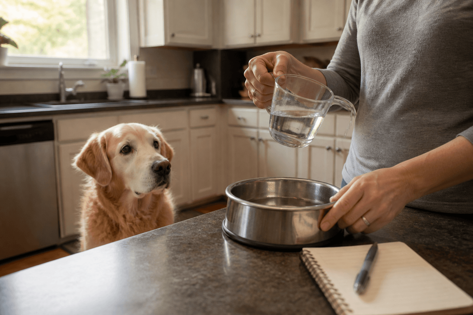 Tutor medindo água com copo ao lado da tigela do cachorro