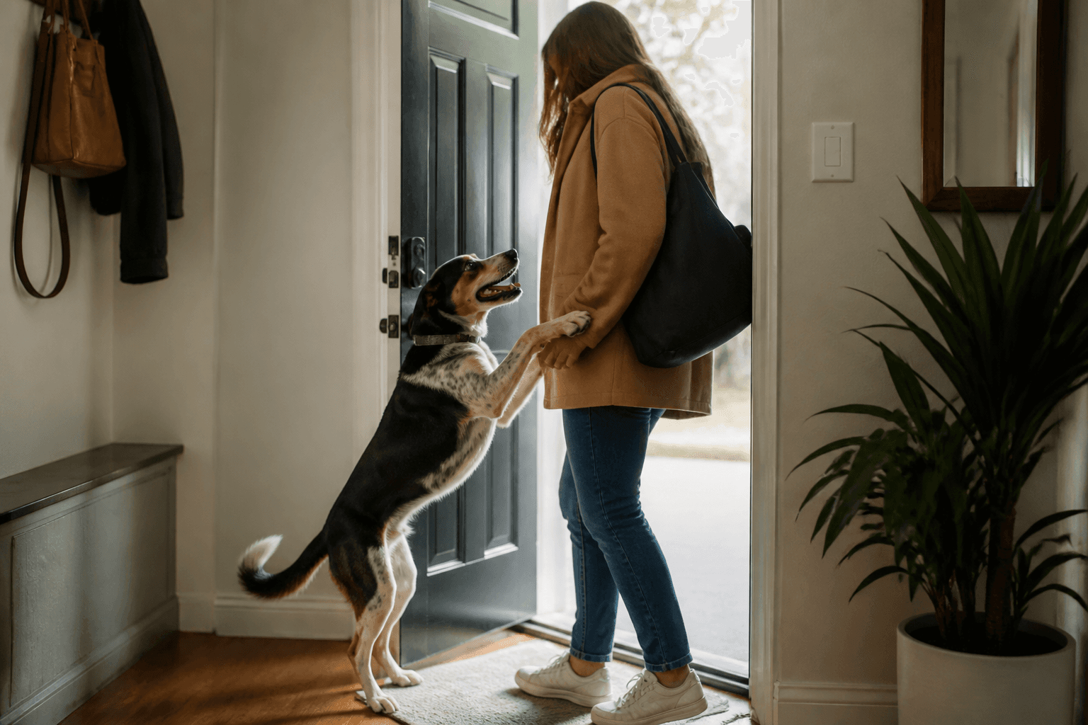 Cão pulando na porta em direção a uma visita que chega