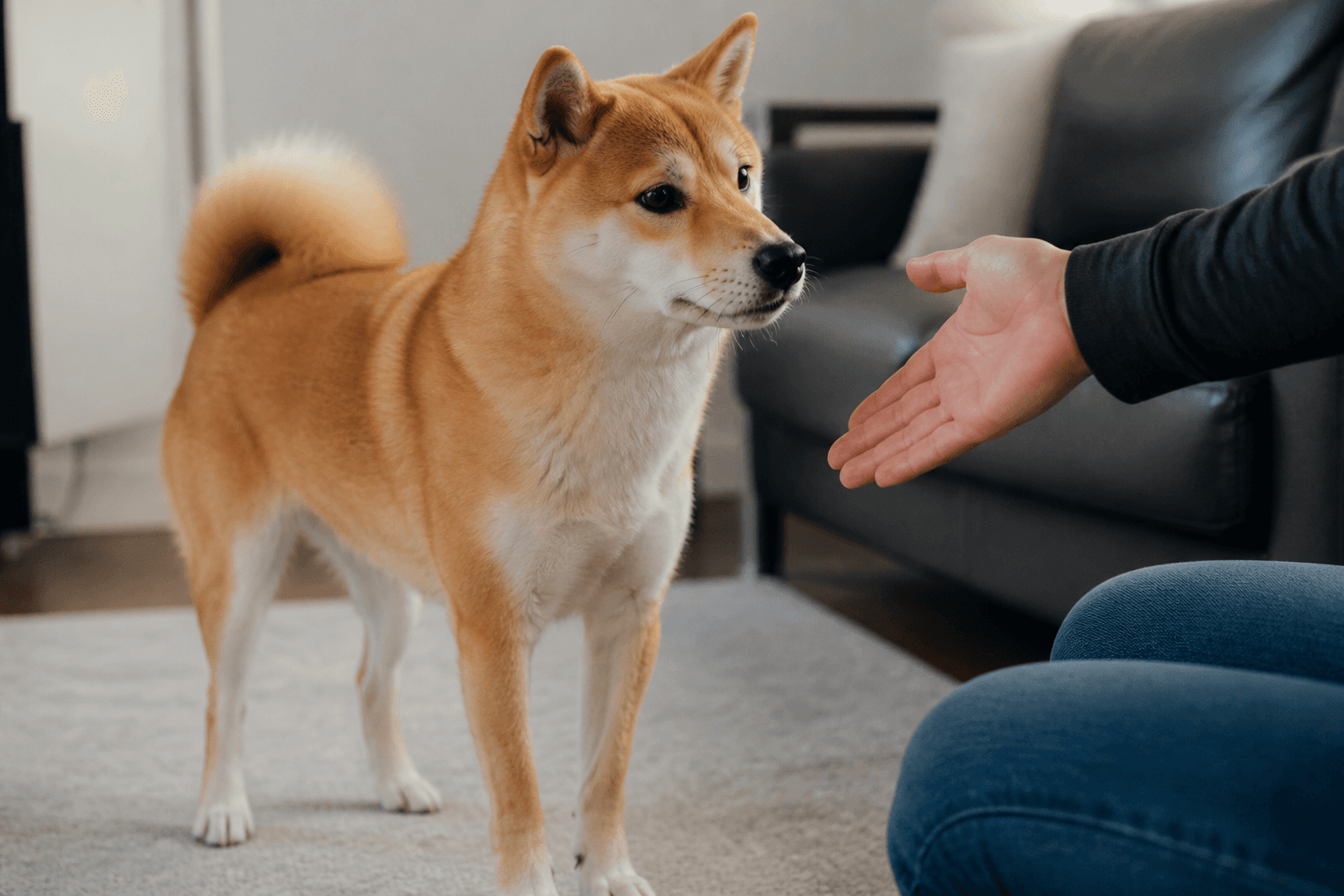 Mãos cumprimentando um cão que mantém as quatro patas no chão