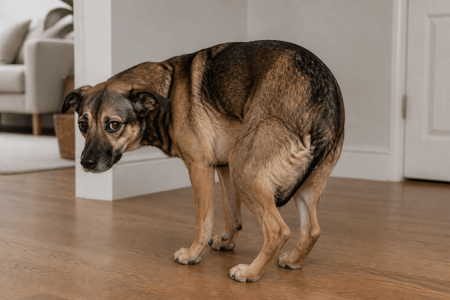 Cão em pé com o rabo bem encolhido entre as patas traseiras