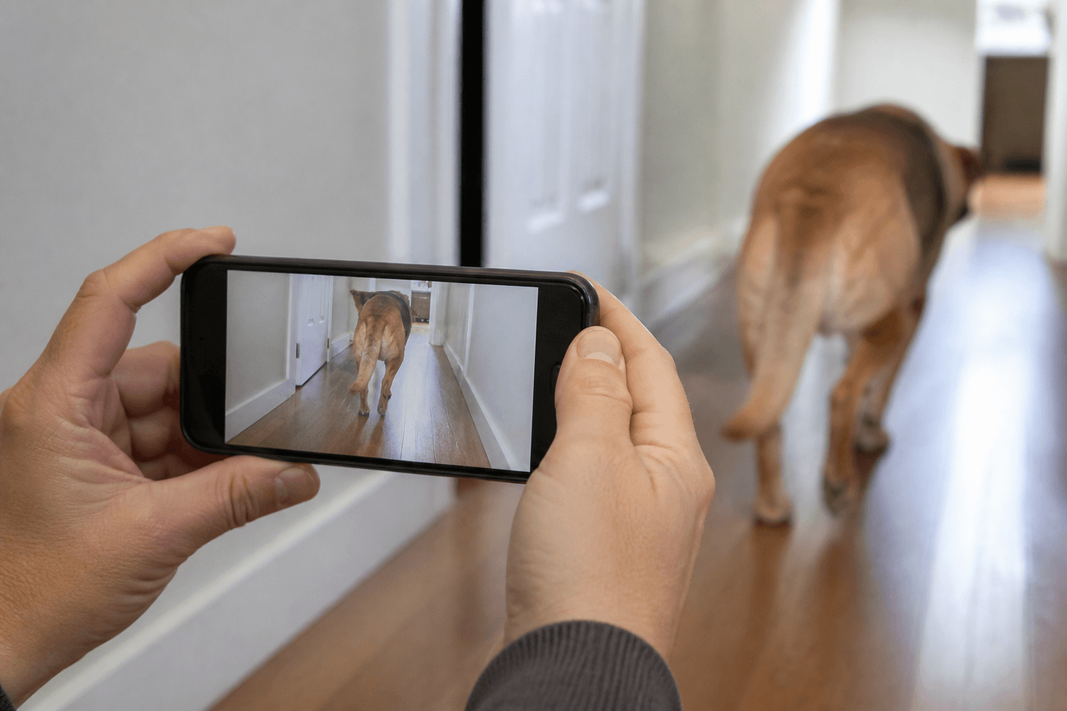 Mãos filmando com celular a caminhada de um cão no corredor