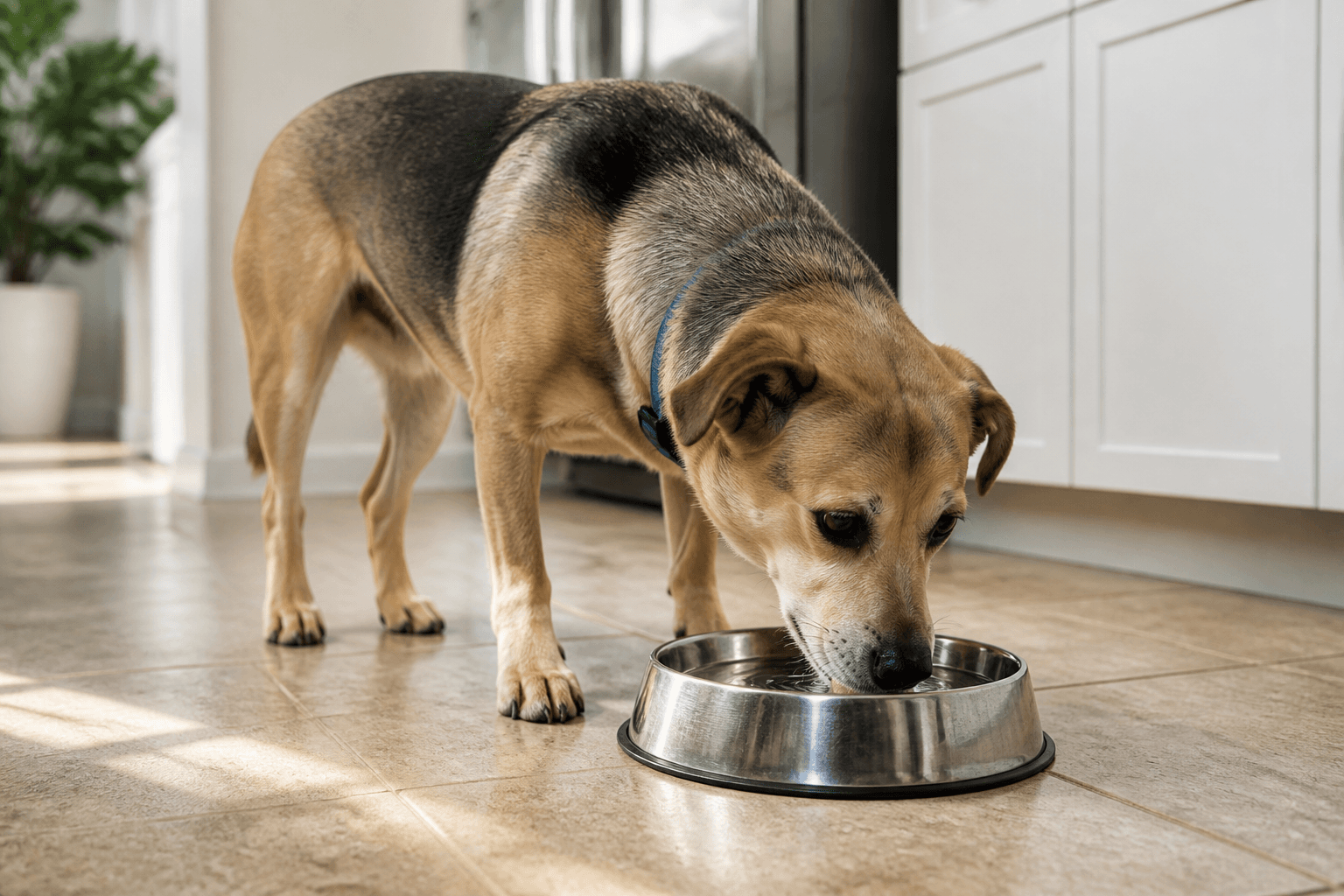 Cão bebendo água em pote de aço inoxidável no chão da cozinha