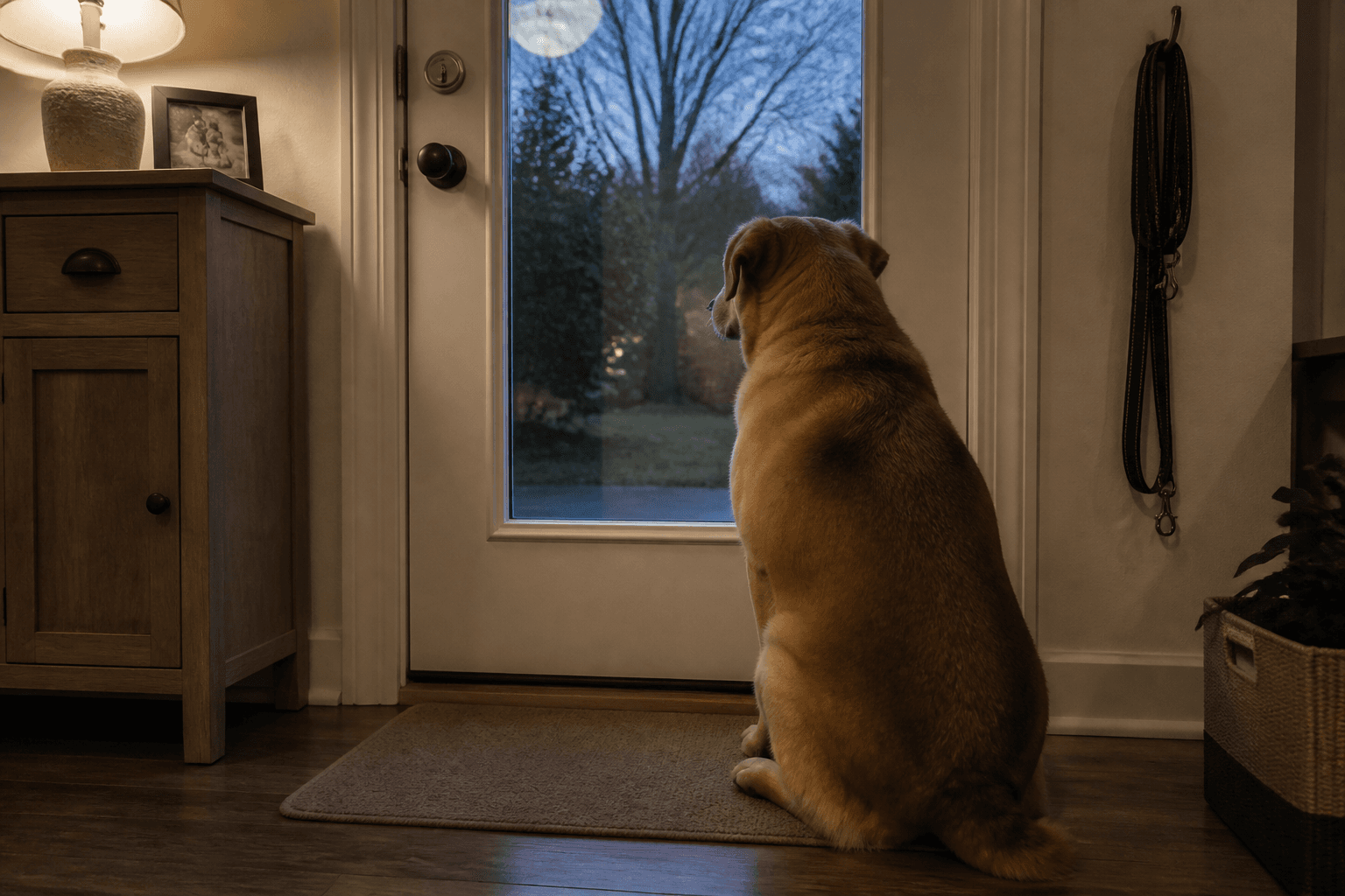 Cão idoso esperando junto à porta para sair e fazer xixi à noite