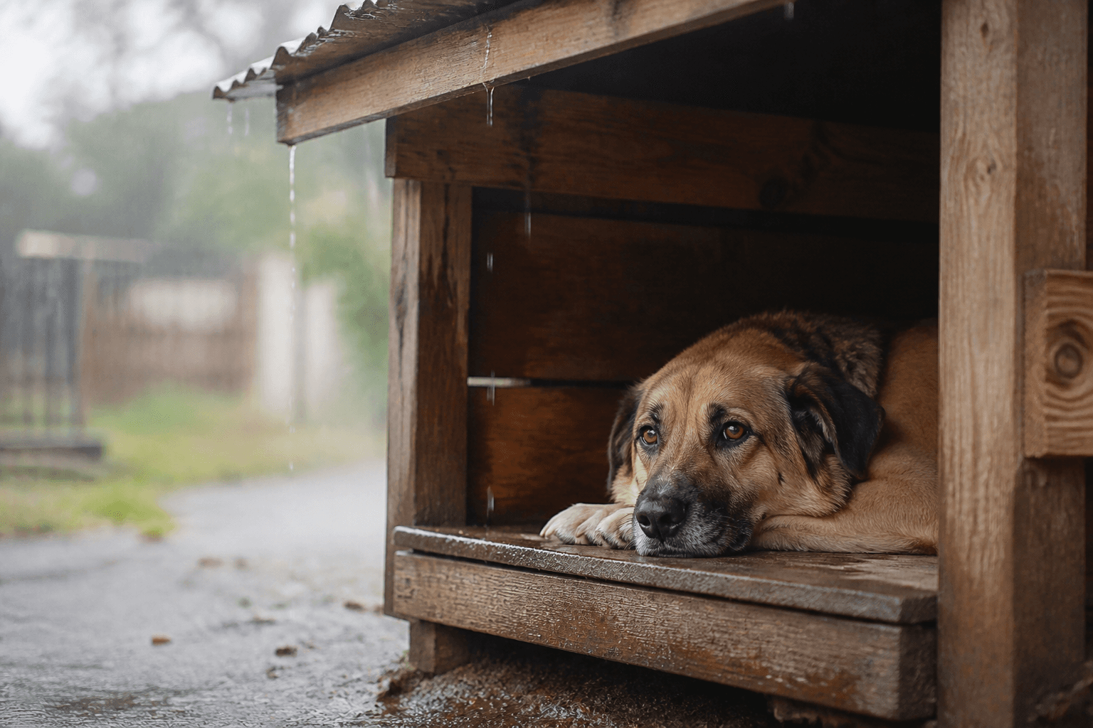 Cão descansando em refúgio coberto durante uma chuva leve