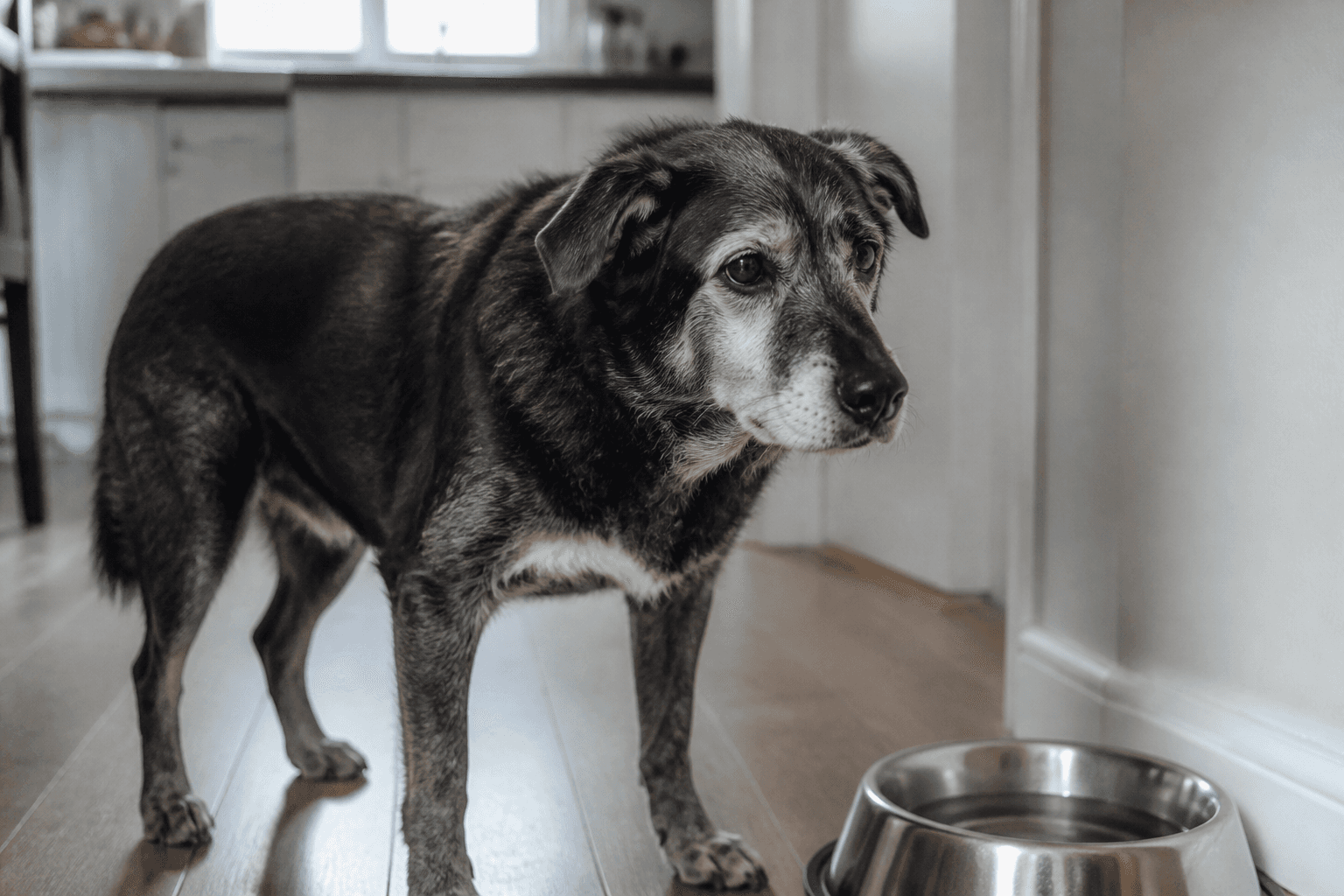 Cão idoso ao lado da tigela de água em cozinha iluminada, olhar distante