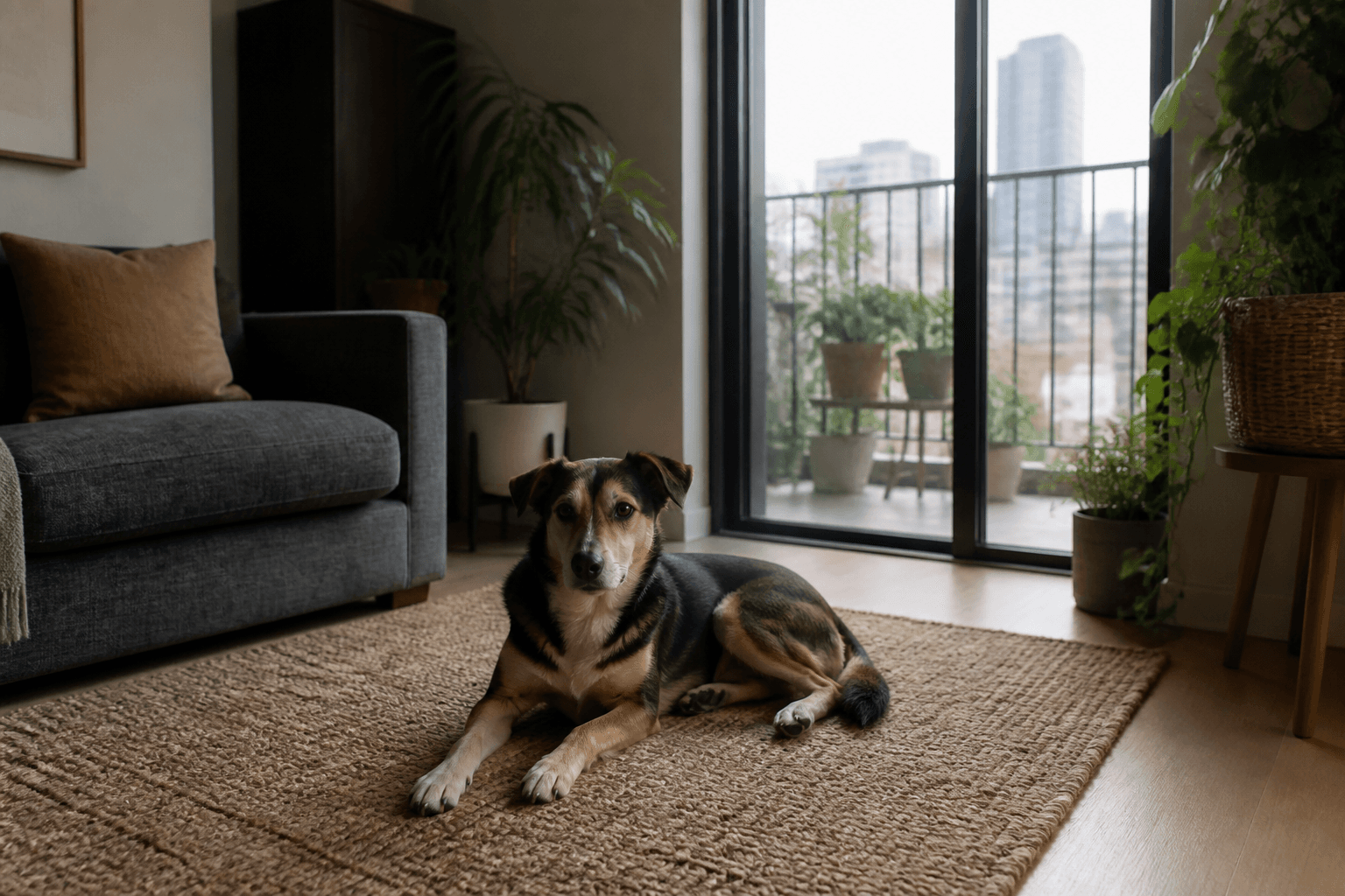 Cão descansando no tapete de uma sala de apartamento compacto