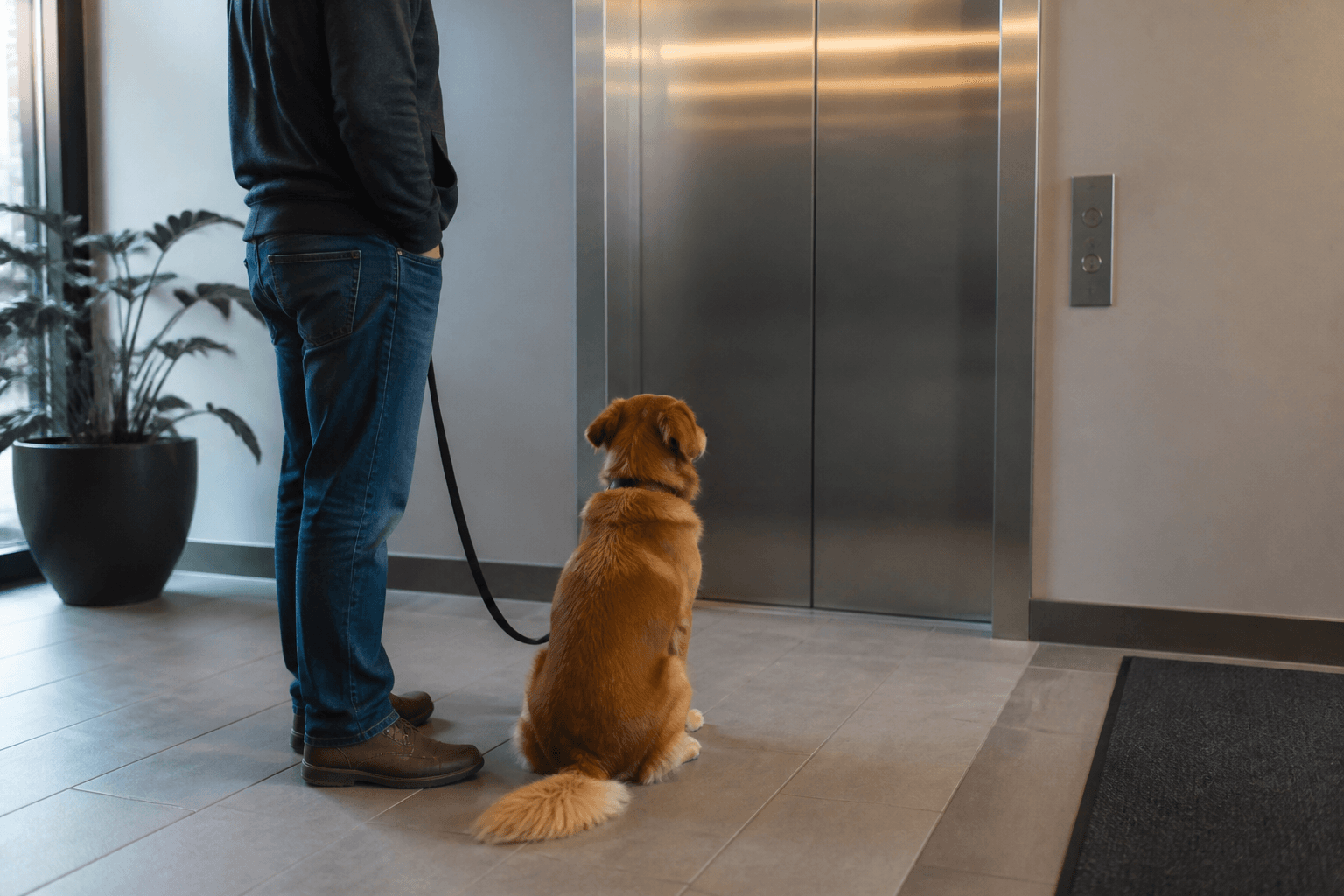 Cão sentado ao lado da pessoa esperando o elevador no hall