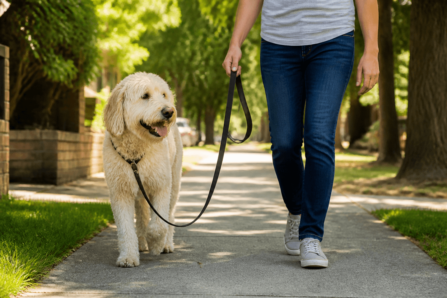 Cão caminhando com guia frouxa ao lado do tutor em uma calçada