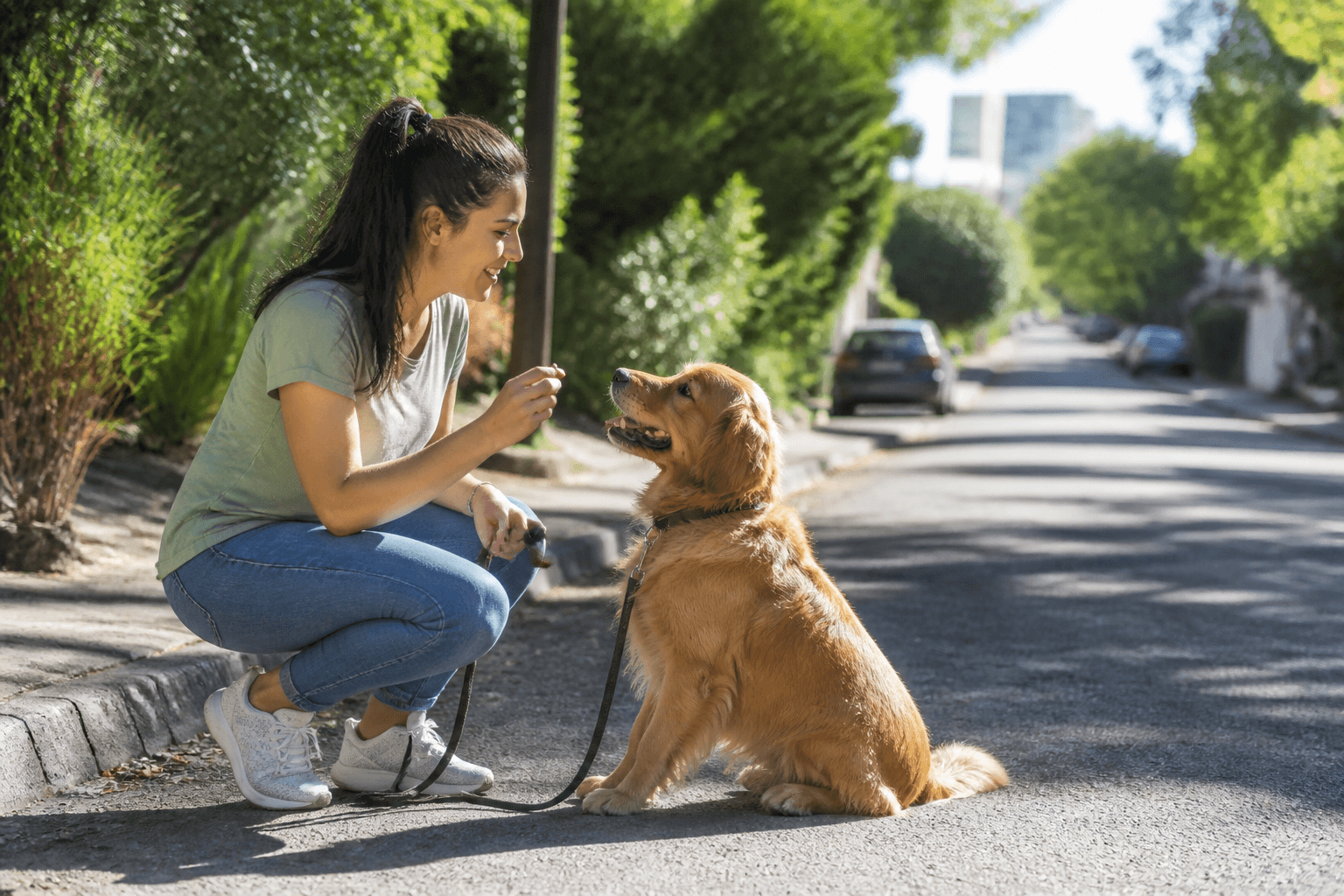 Tutor recompensando o cão durante uma pausa no caminho de volta