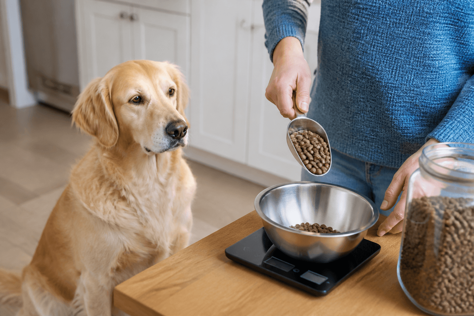 Tutor medindo com balança a porção diária de ração de um cão castrado