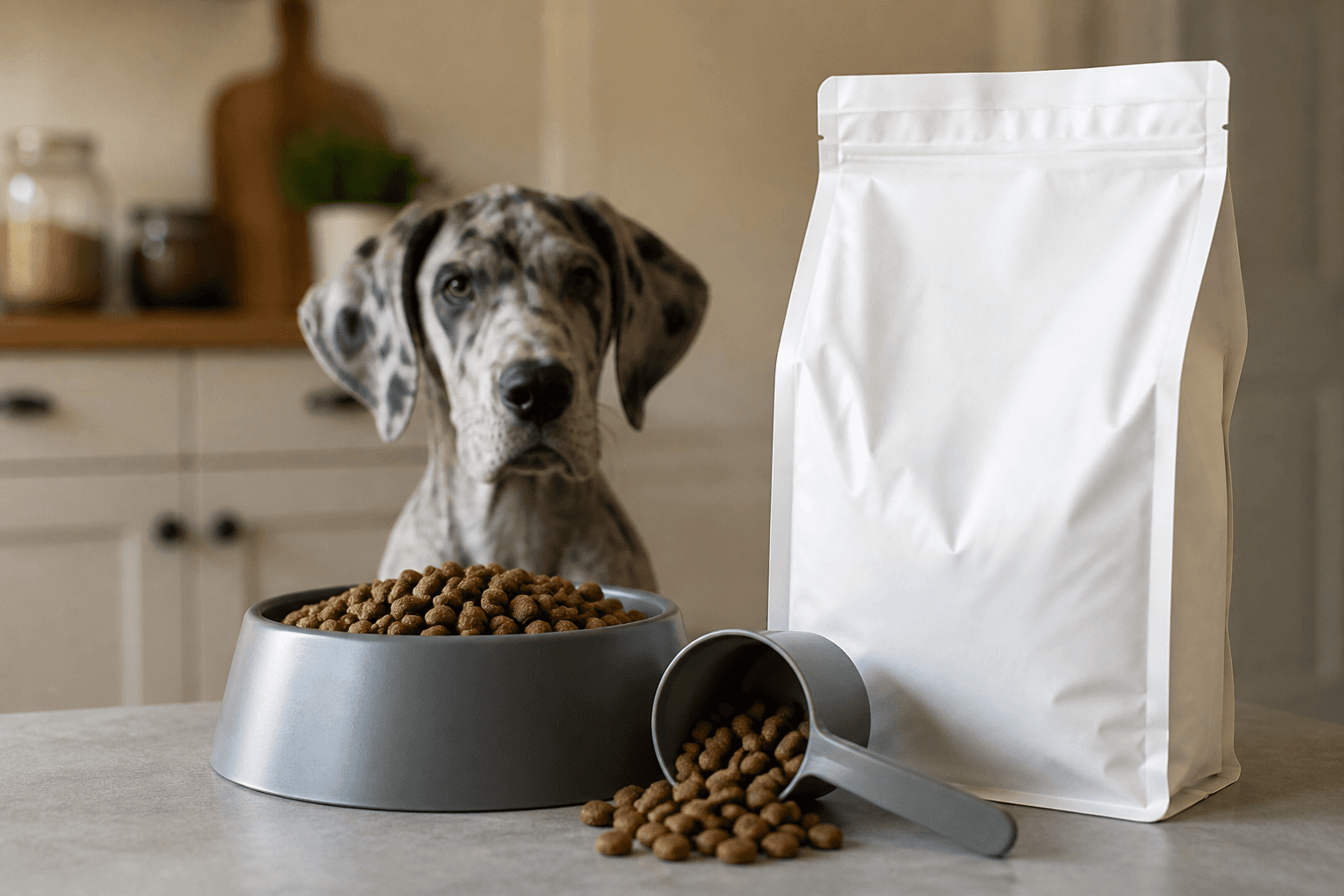 Comedouro e porção de ração para filhote de raça grande com o cão ao fundo