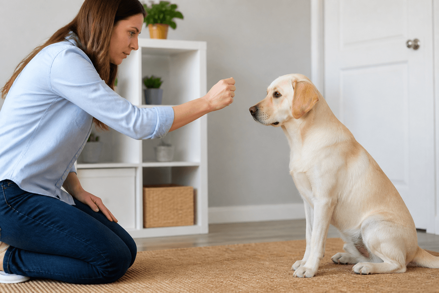 Tutor treinando o comando deixa com um petisco protegido na mão fechada