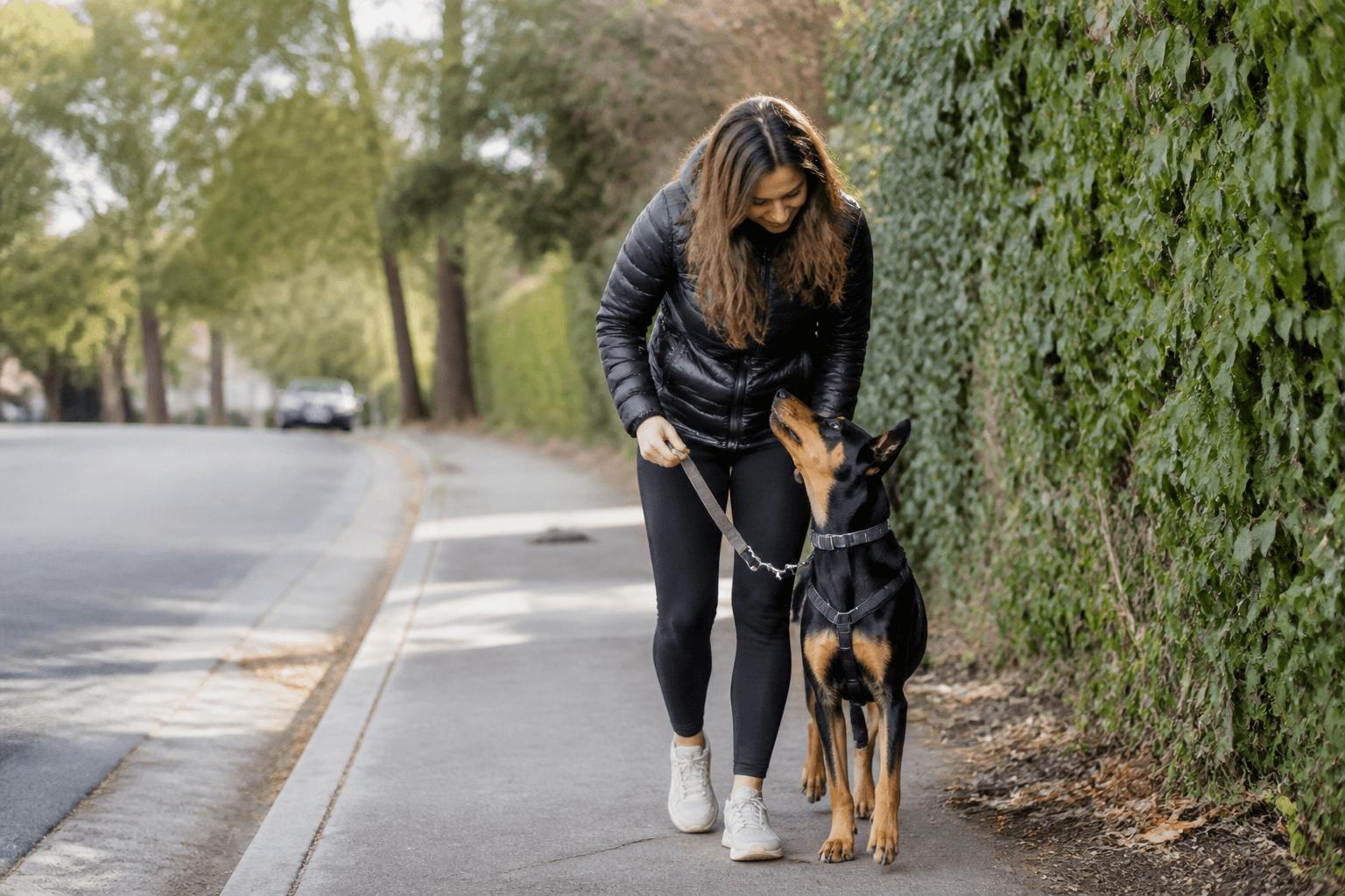 Tutor recompensando o cão junto à perna após afastamento de distração no passeio