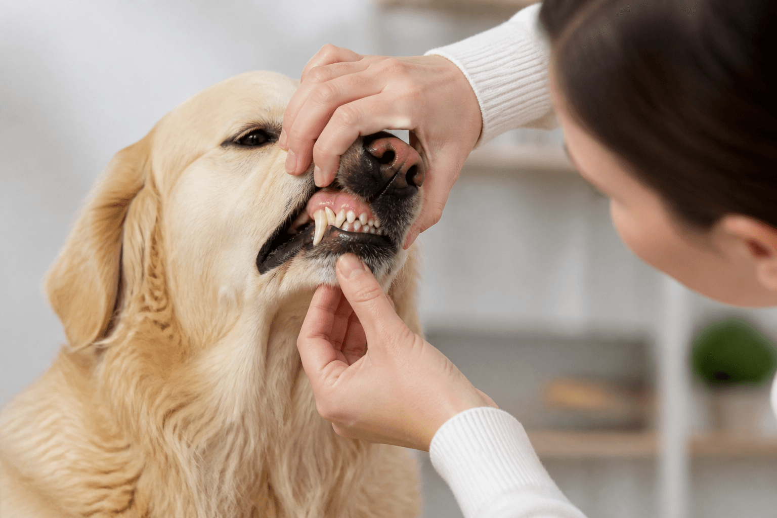 Tutor levantando suavemente o lábio do cão para observar os dentes