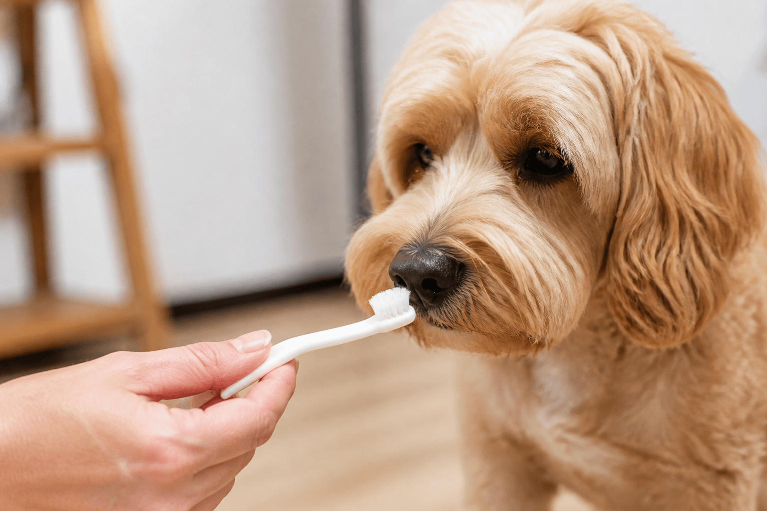 Cão cheirando uma escova dental durante adaptação gradual