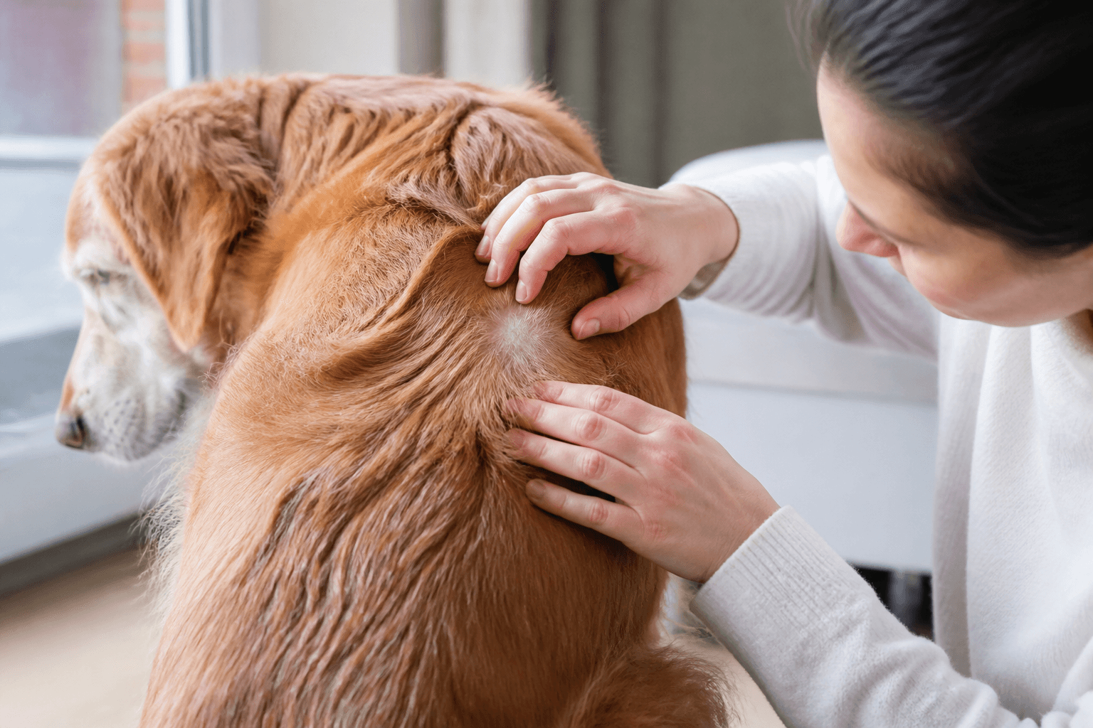 Tutor separando o pelo opaco do cão para observar a pele com boa iluminação
