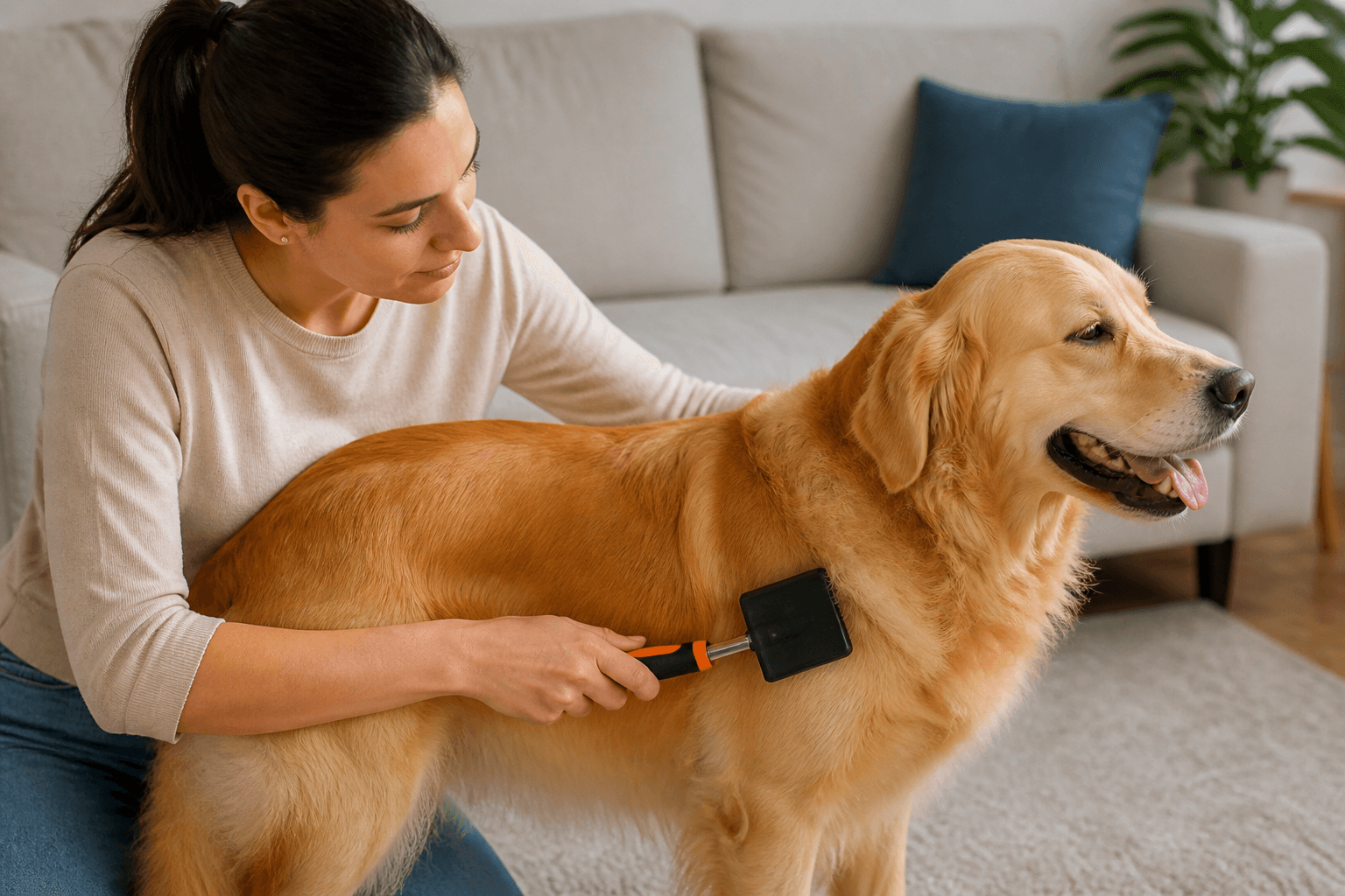 Cão sendo escovado com ferramenta adequada enquanto o tutor observa a pelagem