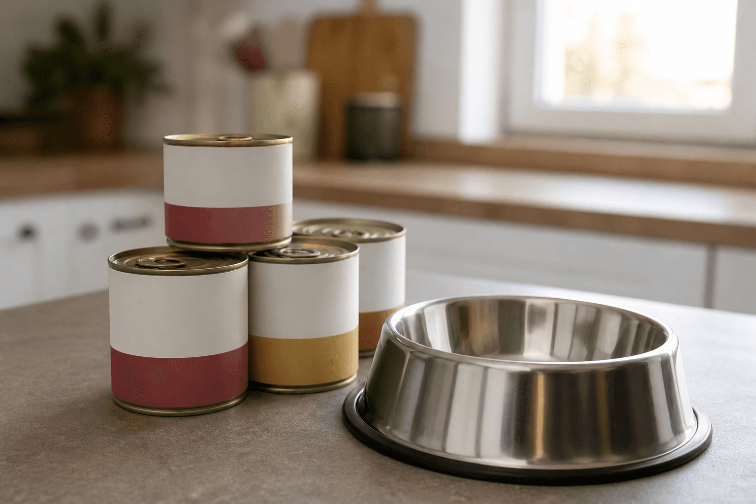 Latas de ração úmida para cães e tigela limpa sobre bancada de cozinha