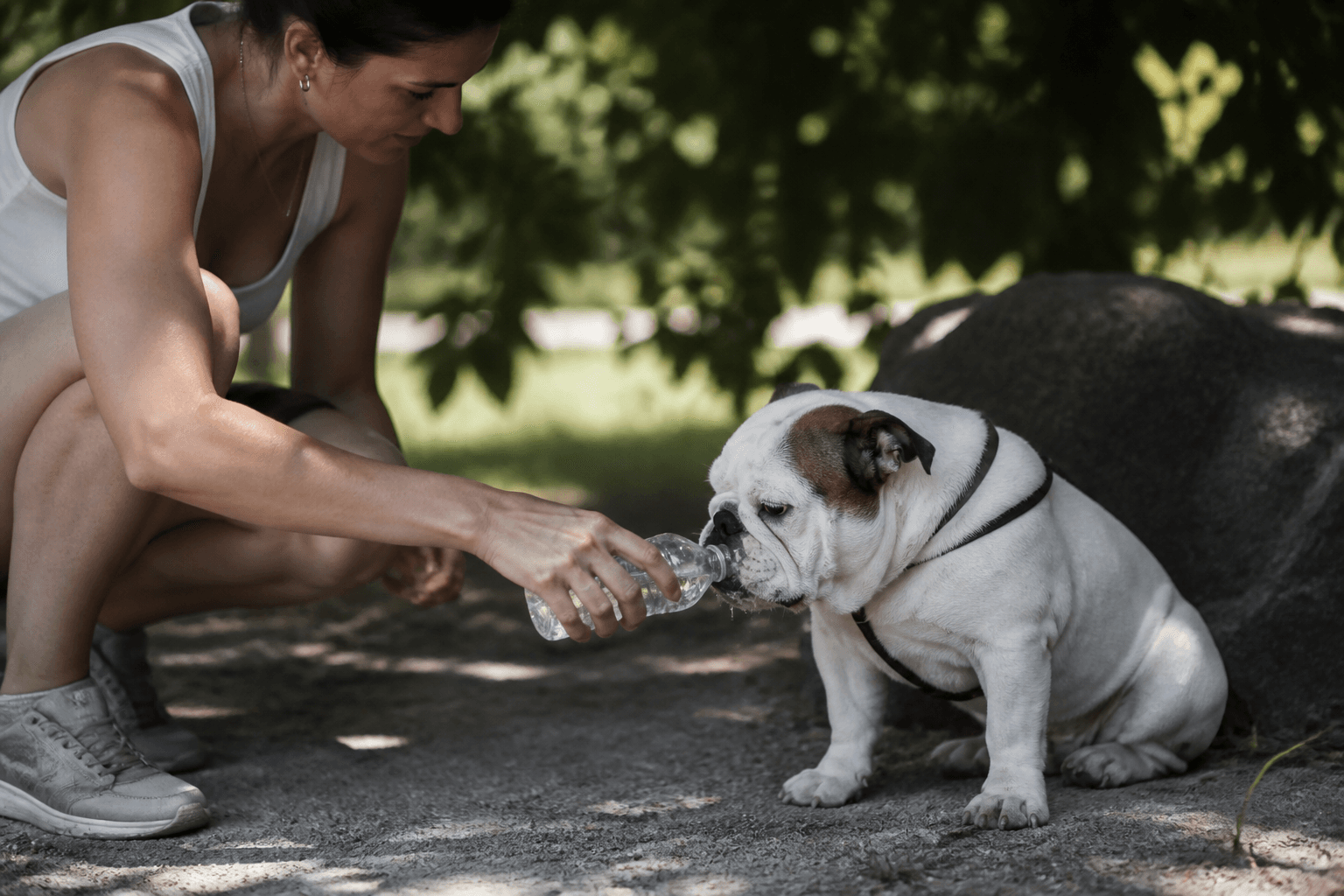 Tutor oferecendo água a cão de focinho curto em local sombreado